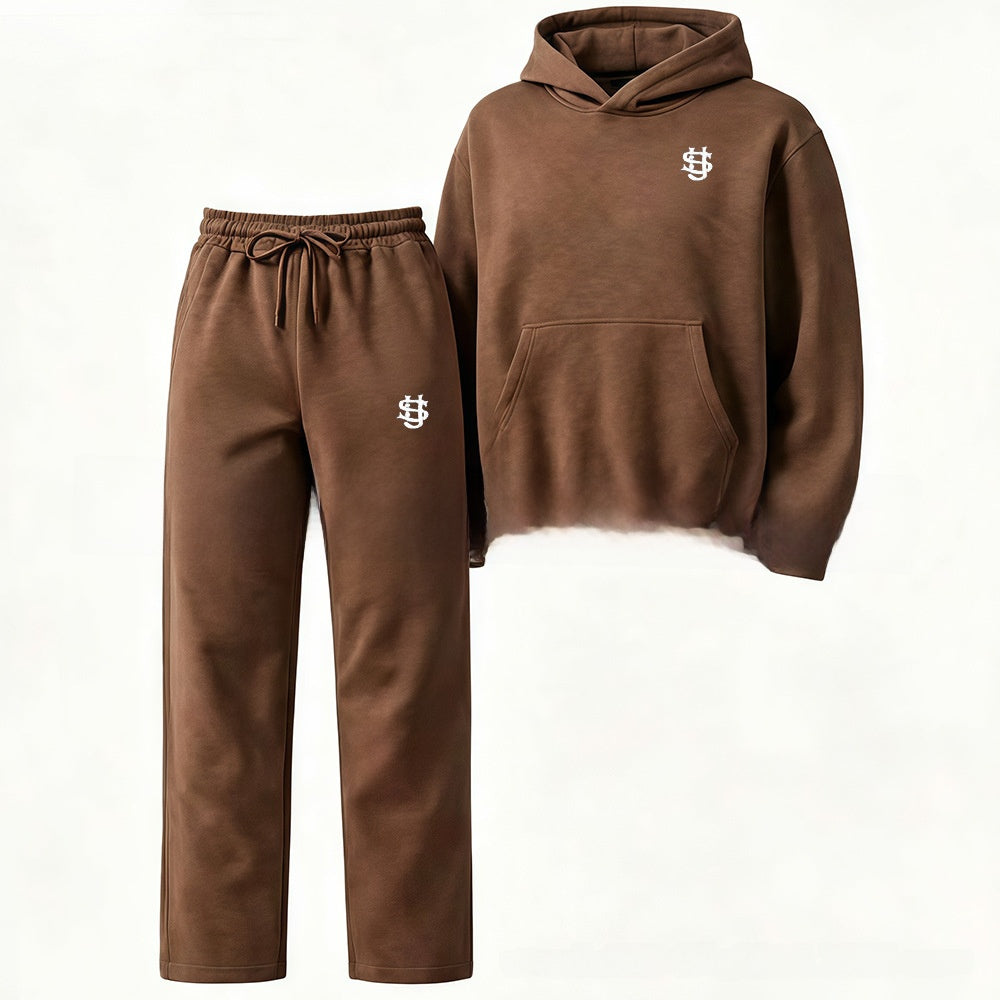 Embroidered Fleece-Lined Hoodie & Wide-Leg Pants Set – Unisex Streetwear Tracksuit