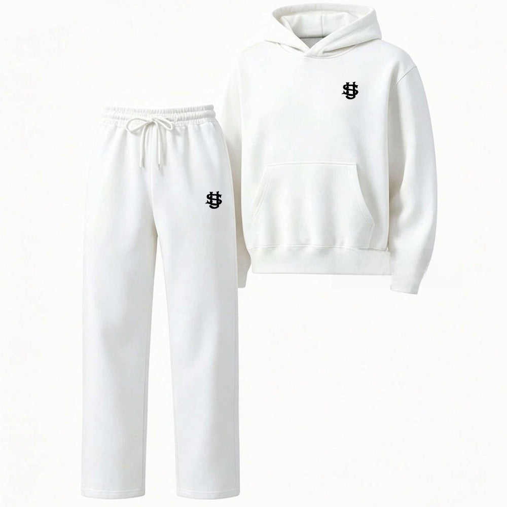 Embroidered Fleece-Lined Hoodie & Wide-Leg Pants Set – Unisex Streetwear Tracksuit