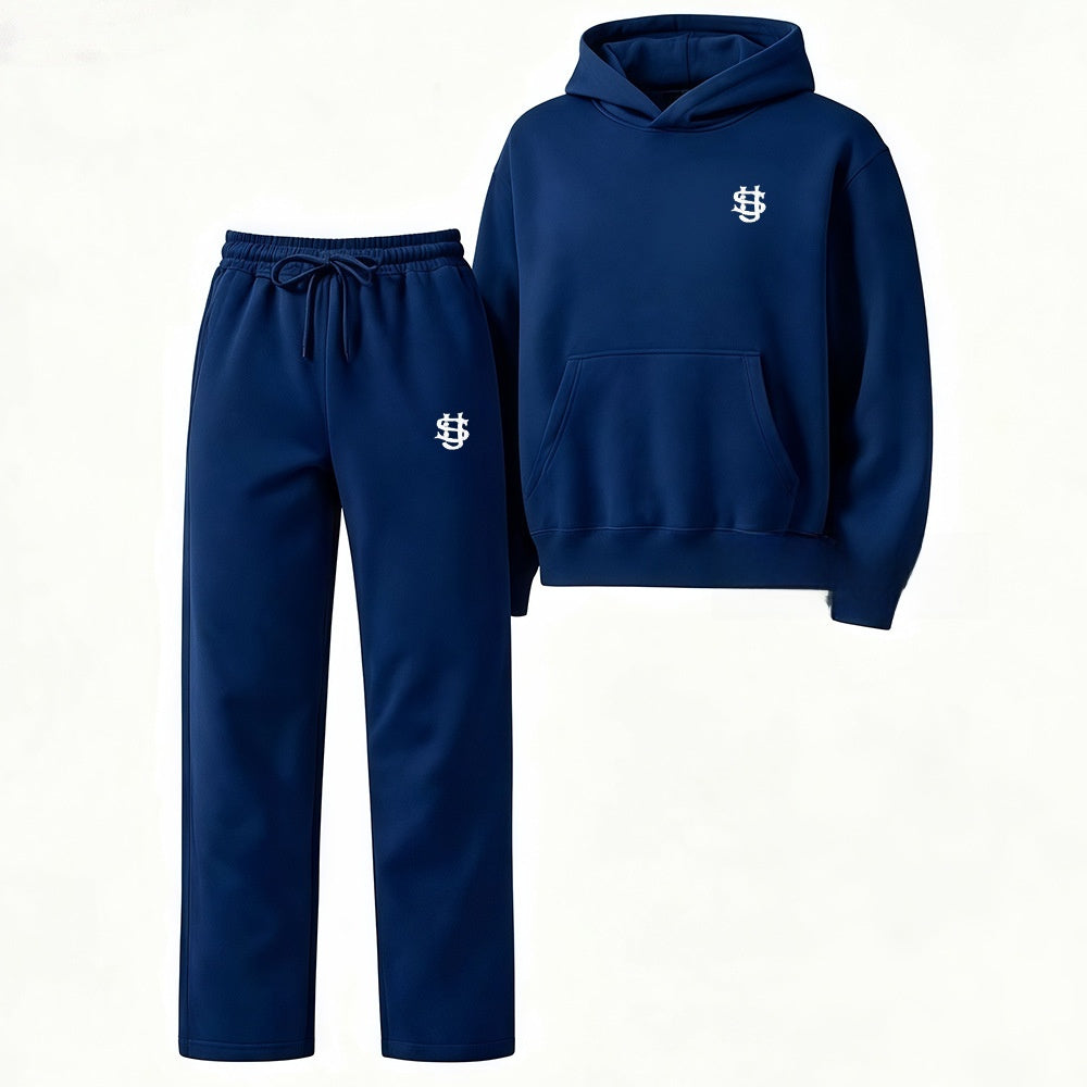 Embroidered Fleece-Lined Hoodie & Wide-Leg Pants Set – Unisex Streetwear Tracksuit