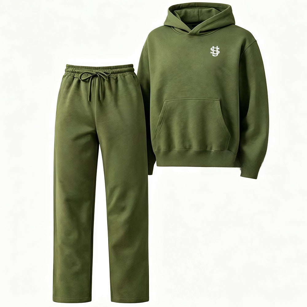 Embroidered Fleece-Lined Hoodie & Wide-Leg Pants Set – Unisex Streetwear Tracksuit