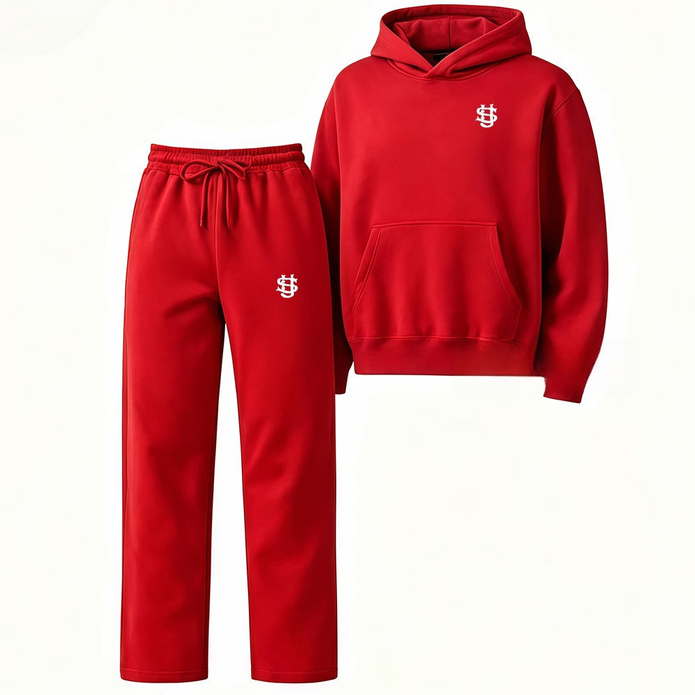 Embroidered Fleece-Lined Hoodie & Wide-Leg Pants Set – Unisex Streetwear Tracksuit