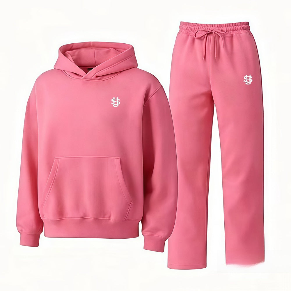 Embroidered Fleece-Lined Hoodie & Wide-Leg Pants Set – Unisex Streetwear Tracksuit