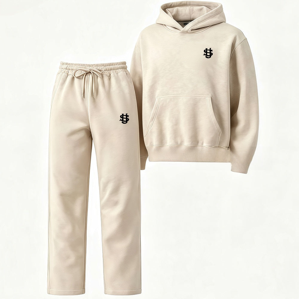 Embroidered Fleece-Lined Hoodie & Wide-Leg Pants Set – Unisex Streetwear Tracksuit