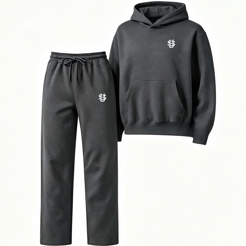 Embroidered Fleece-Lined Hoodie & Wide-Leg Pants Set – Unisex Streetwear Tracksuit