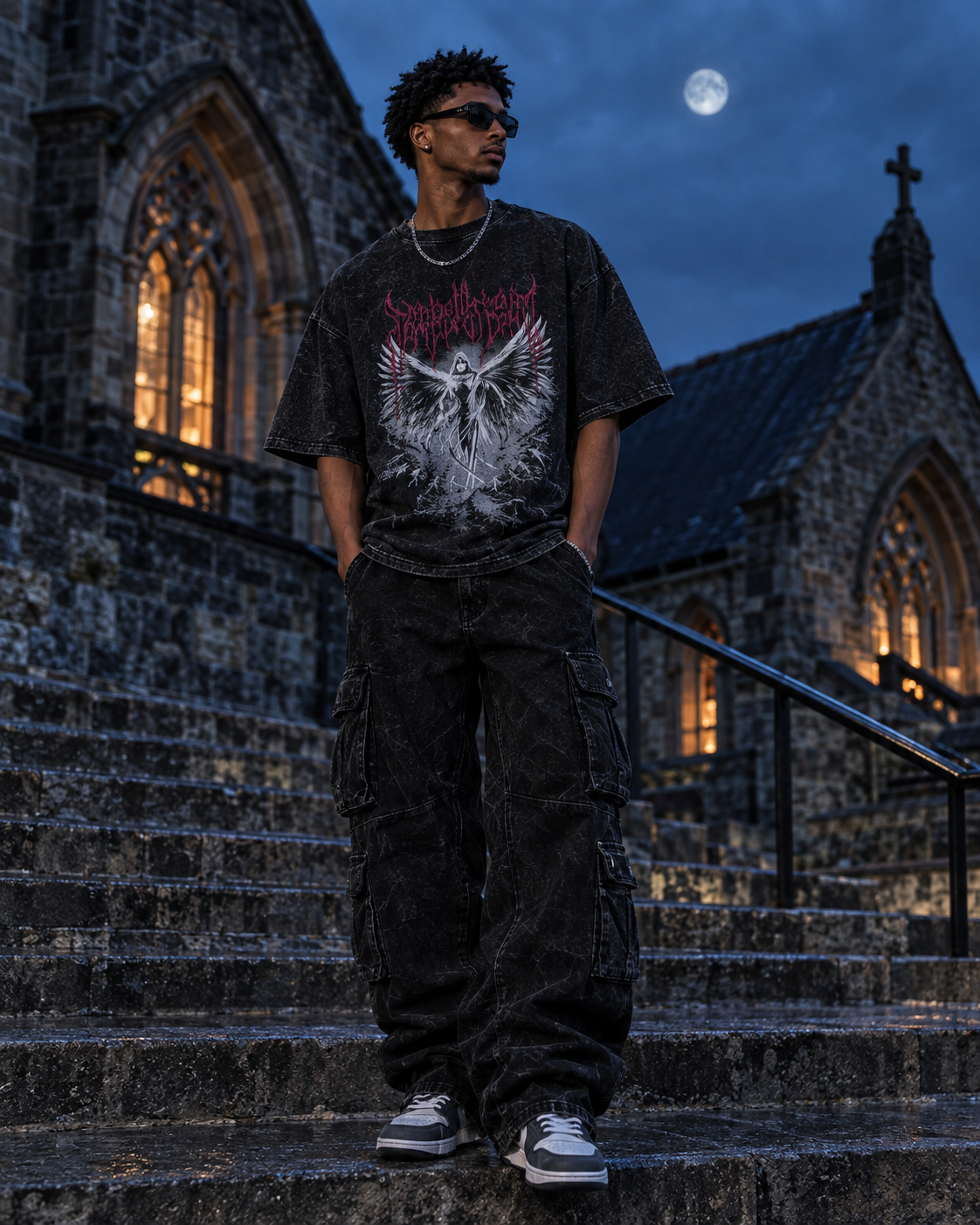 Gothic Wing Print Men's T-Shirt – 3D Mesh Streetwear Tee